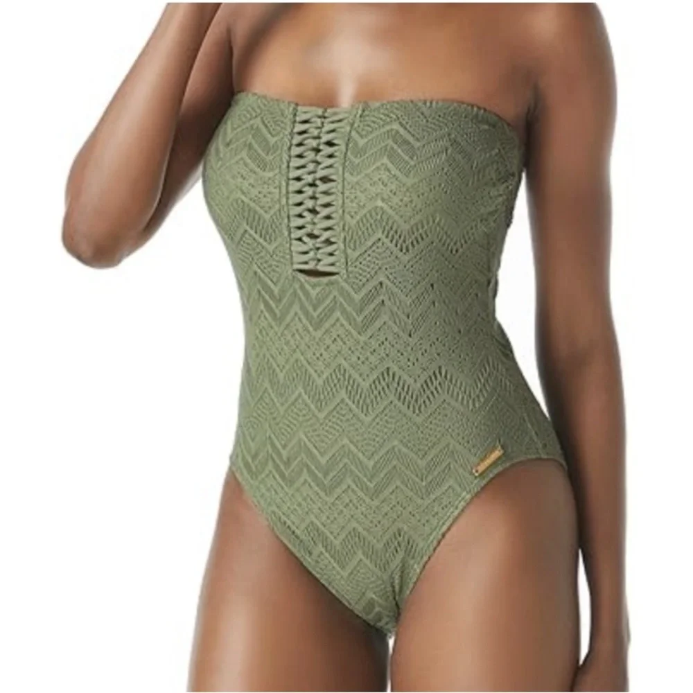 Vince Camuto Crochet Bandeau One-Piece Swimsuit Safari Green 10 NEW